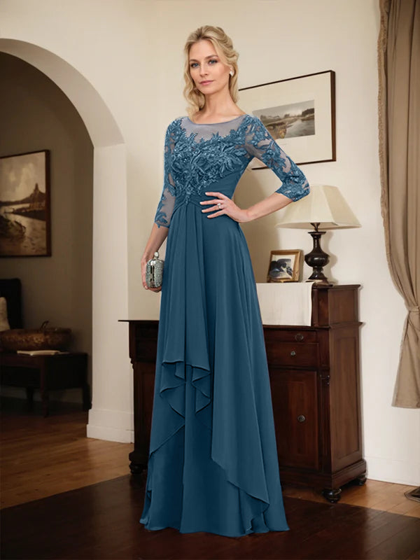 Robe mère de la mariée en ligne A avec col rond illusion, dentelle et chiffon longueur sol avec volants en cascade
