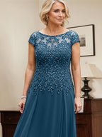 Tintenblaues A-Linien-Bodenlanges Mutter-der-Braut-Kleid aus Spitze und Chiffon mit Pailletten und Illusion-Ausschnitt