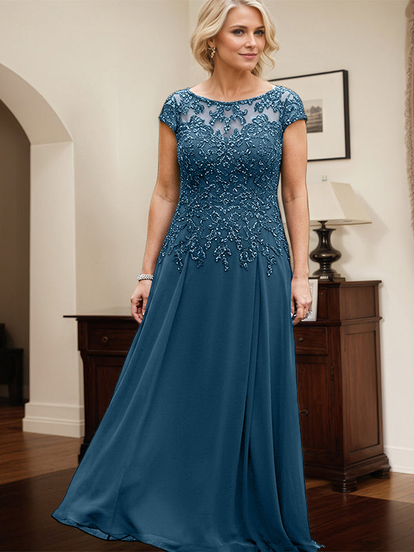 Tintenblaues A-Linien-Bodenlanges Mutter-der-Braut-Kleid aus Spitze und Chiffon mit Pailletten und Illusion-Ausschnitt