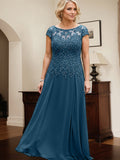 Tintenblaues A-Linien-Bodenlanges Mutter-der-Braut-Kleid aus Spitze und Chiffon mit Pailletten und Illusion-Ausschnitt