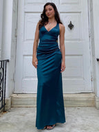 Ink Blue Mermaid V-Neck Criss-Cross Back Long Prom Dress