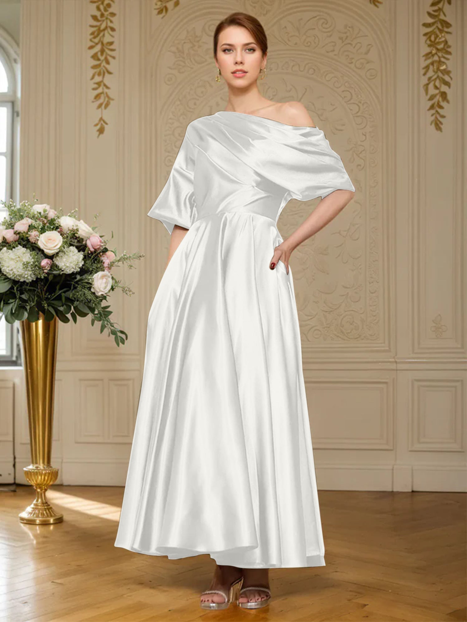 A-Linien Kurzarm plissiertes knöchellanges seidenähnliches Satin Kleid für die Brautmutter
