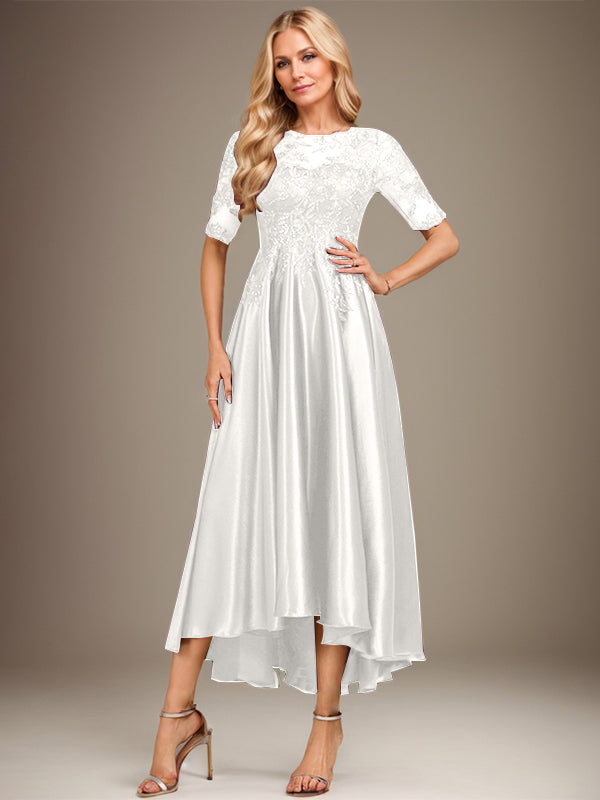 A-Linie Rundhalsausschnitt Illusion Asymmetrisches Stretch-Satin-Spitzen-Brautmutterkleid mit Pailletten