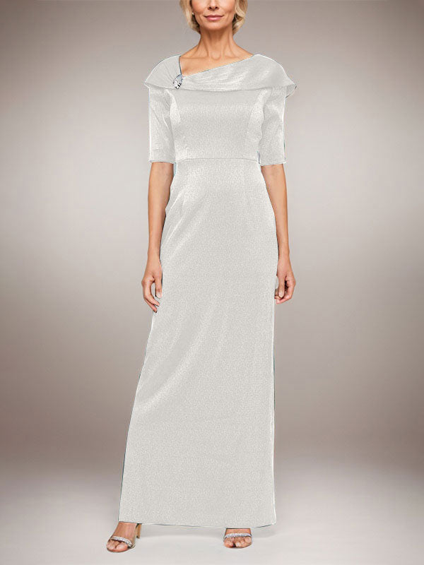 Langes schimmerndes Säulenkleid mit umgeschlagenem Ärmelbündchen, L-Ausschnitt und Ellbogenärmeln