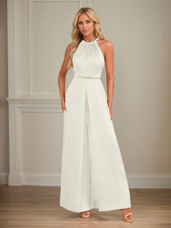 Jumpsuits Neckholder bodenlanges Satin Hochzeitskleid