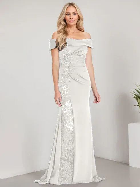 A-Linien Schulterfreies bodenlanges Brautmutterkleid mit Applikationen und Perlenbesatz Meerjungfrauenkleid mit hohem Schlitz