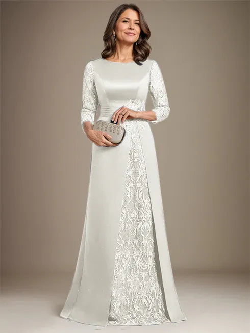 Vestido de madre de la novia largo hasta el suelo con encaje, satén, línea A, escote redondo y aplicaciones