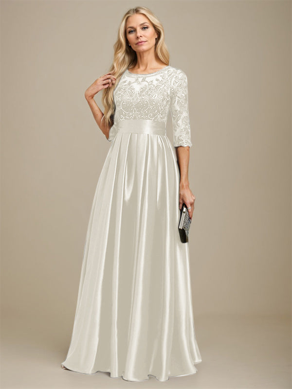 A-Linien Ausschnitt Illusions bodenlanges Stretch-Satin-Spitzenkleid für die Brautmutter mit Schleife und Pailletten