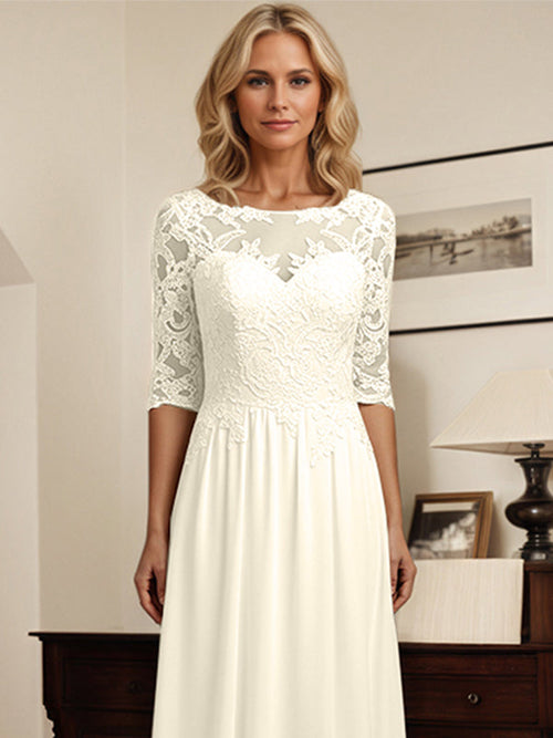 Robes de mère de la mariée en dentelle et chiffon à manches 1/2, coupe trapèze, col arrondi avec appliques