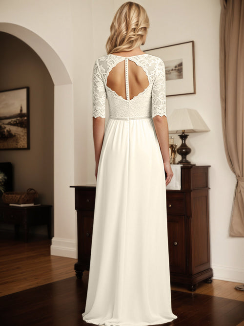 Robe mère de la mariée en chiffon, ligne A, col rond, manches 1/2, avec appliques en dentelle