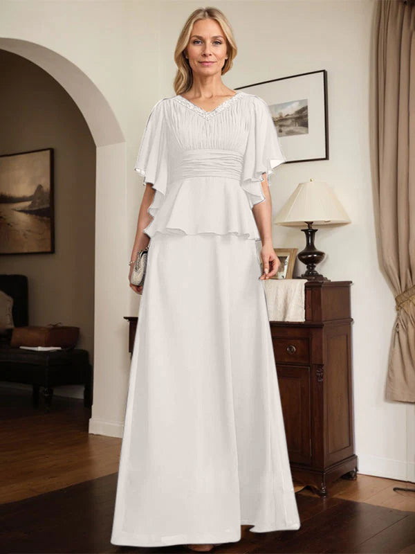 A-Linien Chiffon-Mutter-der-Braut-Kleid mit V-Ausschnitt, bodenlang, plissierte Perlenverzierung