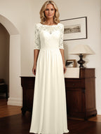 Vestidos de Mãe da Noiva em Chiffon de Renda com Saia em A, Decote Redondo, Mangas 1/2 e Apliques