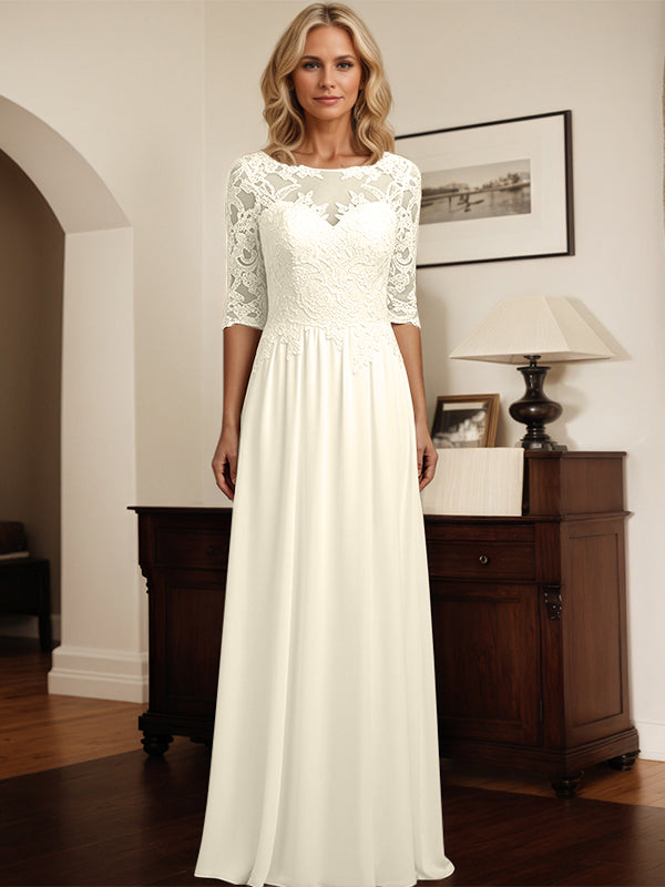 A-Linien Rundhals 1/2-Ärmel Spitzen-Chiffon Kleid für die Brautmutter mit Applikationen