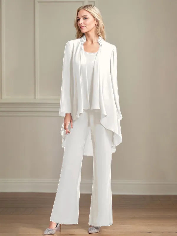 Chiffon Kleid mit Rundhalsausschnitt, langen Ärmeln, bodenlang, Hosenanzug für die Brautmutter