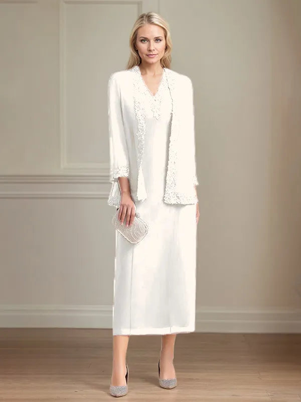 Etui/Column Chiffon V-Ausschnitt 3/4 Ärmel Tea-Length Kleid für die Mutter der Braut