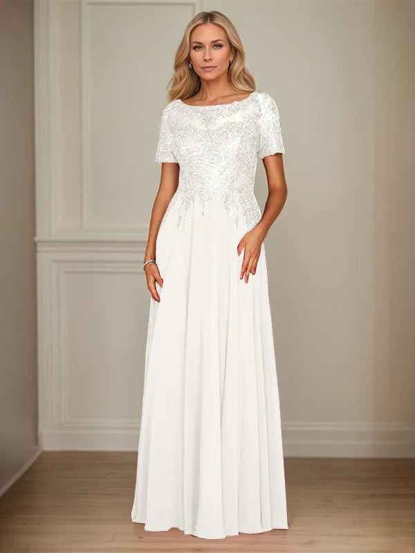 A Line Chiffon Boat Neck Short Sleeves Floor Length Mother of the Bride Dresses