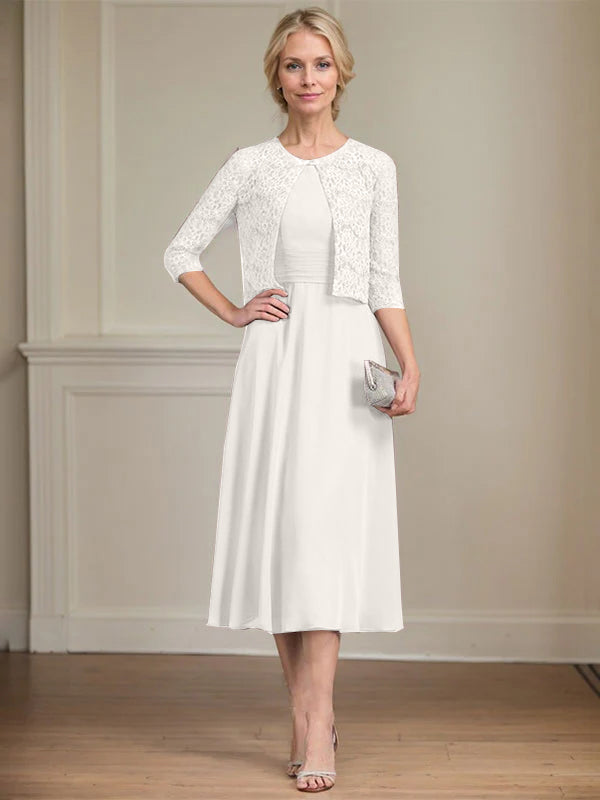 A-Linien Rundhals Tee-Länge Chiffon Kleid für die Mutter der Braut mit Falten