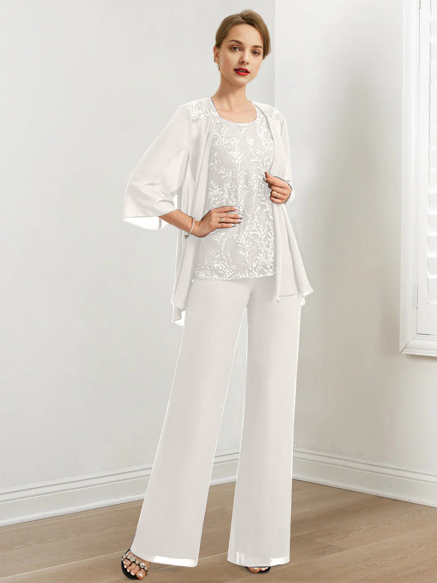 Chiffon Hosenanzüge für die Brautmutter mit Pailletten und Jacke