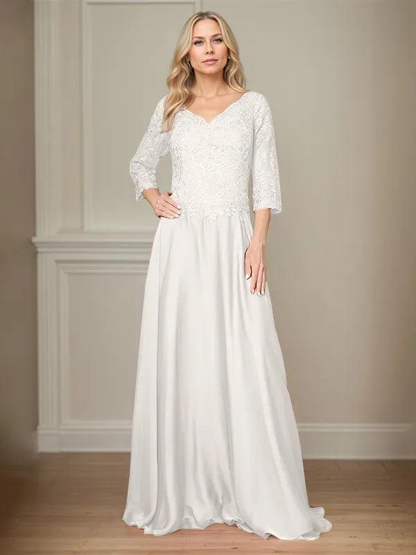 A Line Chiffon V Neck 3/4 Sleeves Floor-Length Mother Of The Bride Dress With Appliques