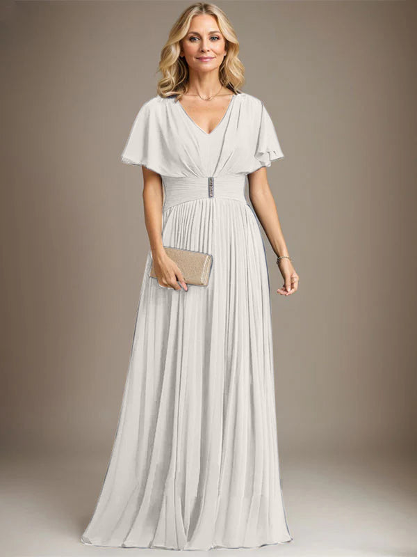 A-Linien V-Ausschnitt Bodenlanges Chiffon Brautmutterkleid mit Kristallbrosche und Plisseefalten