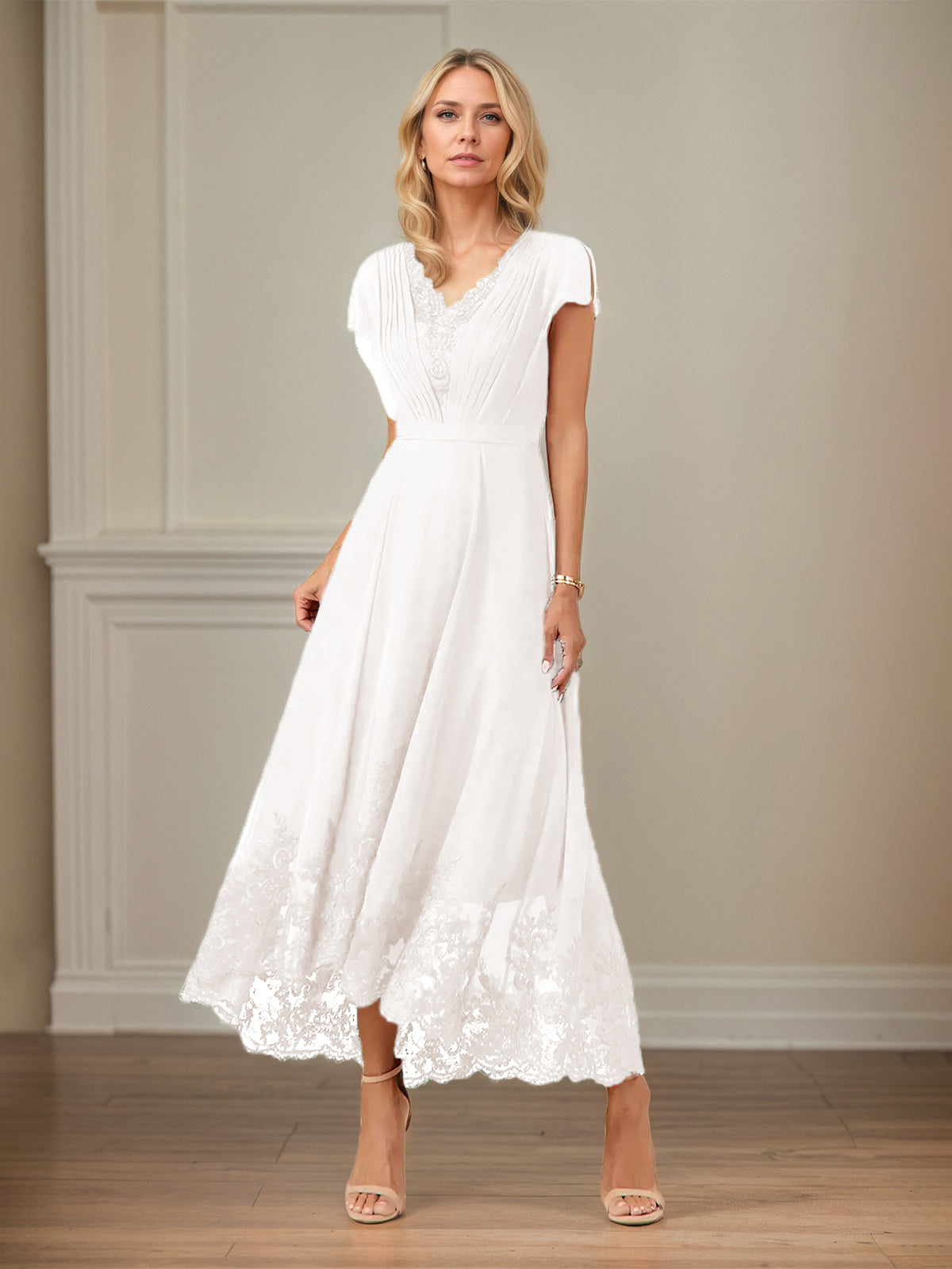 A-Linien Chiffon Kleid mit V-Ausschnitt, flatternden Ärmeln, knöchellang mit Applikationen