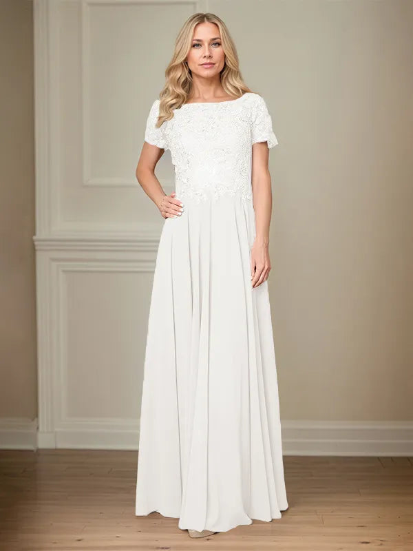 A Line Chiffon Boat Neck Short Sleeves Floor Length Pleated Mother of the Bride Dresses
