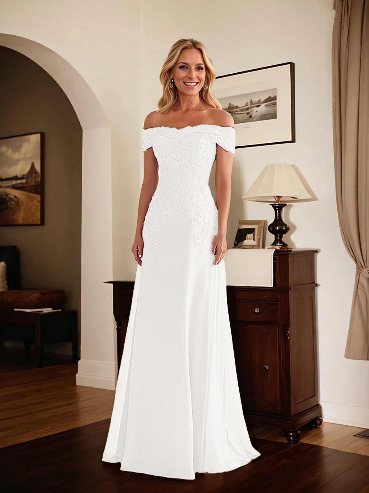 Elegantes taupefarbenes schulterfreies Etuikleid Mutter der Braut Kleid mit Spitze