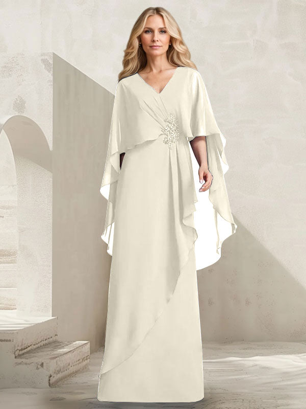 Robe mère de la mariée longue en chiffon coupe trapèze à col en V avec volants en cascade et perles