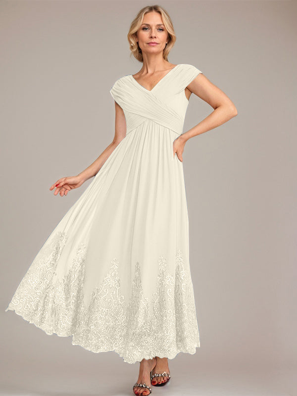 A-Linien V-Ausschnitt Knöchellanges Chiffon Kleid der Brautmutter mit Applikationen und Pailletten