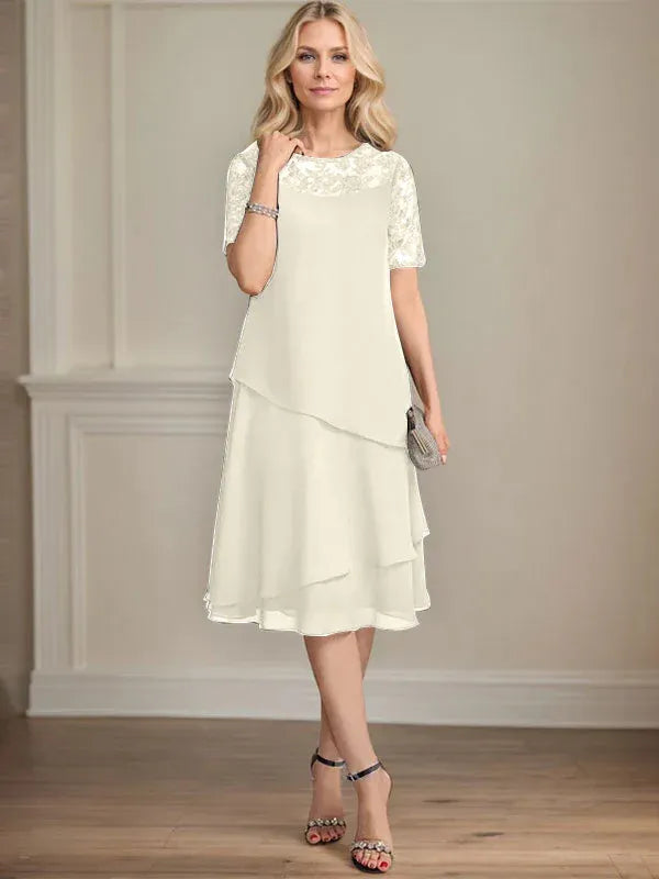 A-Linien Rundhals Illusions-Knie-Länge Spitzen-Chiffon Kleid für die Brautmutter mit Pailletten