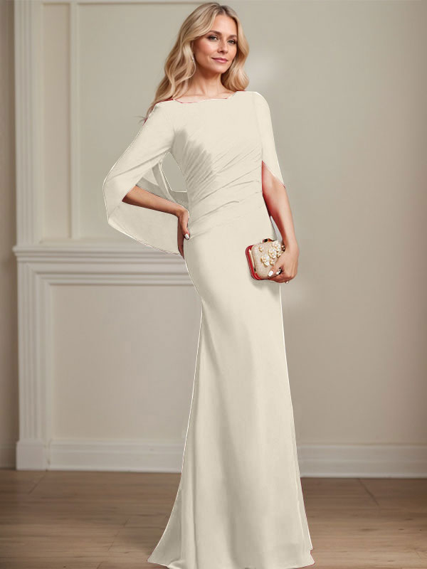 Trompeten-/Meerjungfrauen-Chiffonkleid mit Bootsausschnitt, bodenlang, plissiert, Brautmutterkleid