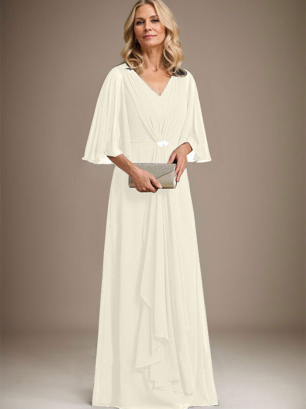 A-Linien V-Ausschnitt Bodenlanges Chiffon Kleid für die Brautmutter mit kaskadierenden Rüschen und Kristallbrosche