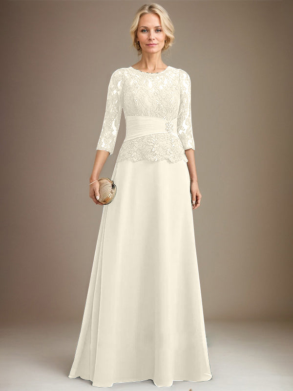 A-Linien Kleid mit Scoop-Ausschnitt, Illusion, bodenlangem Chiffon und Spitze, Mutter-der-Braut-Kleid mit plissierten Pailletten und Perlenbesatz