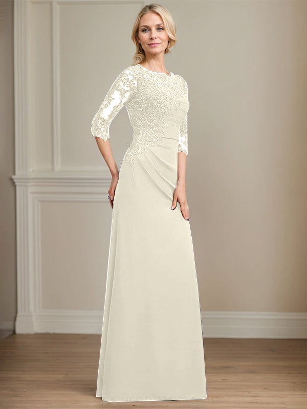 A-Linie Rundhals bodenlanges Chiffon Spitzen Brautmutterkleid mit Perlen Falten Pailletten