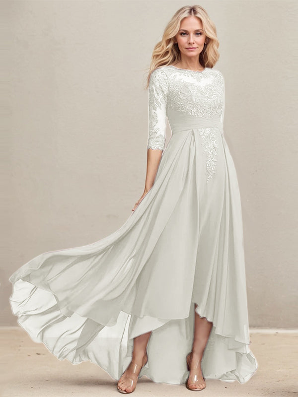 A-Linien Ausschnitt Illusions Asymmetrisches Spitzen-Chiffon Kleid für die Mutter der Braut mit plissierten Pailletten
