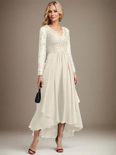 Vestido de madre de la novia en línea A con escote en V, encaje y gasa asimétrica