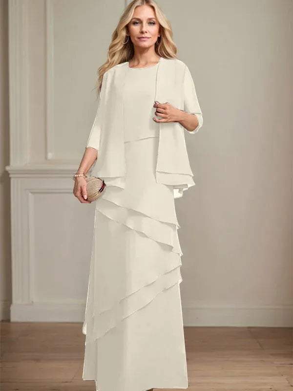 Abito da madre della sposa in chiffon a colonna con scollatura a U e lunghezza fino a terra