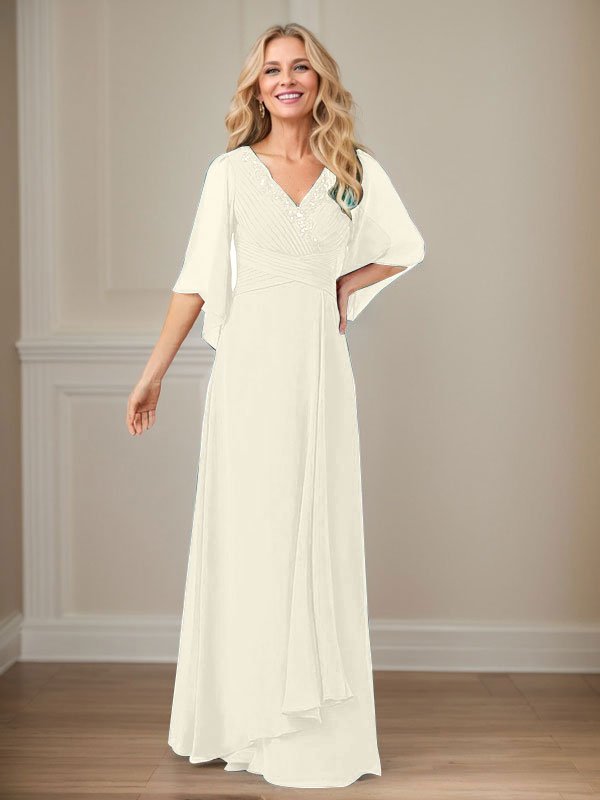 A-Linien V-Ausschnitt langes Pailletten-Chiffon Mutterkleid