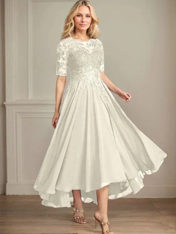 A-Linien Scoop-Ausschnitt Illusion asymmetrisches Chiffon-Spitzen-Mutter-der-Braut-Kleid mit Pailletten