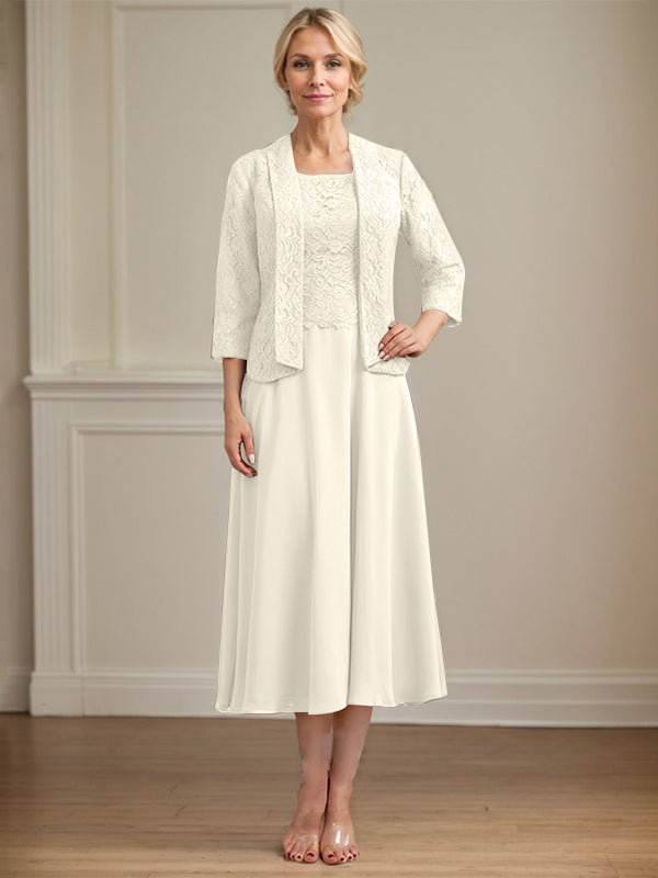 A-Linien Kleid mit Rundhalsausschnitt, tea-länge, Spitze und Chiffon, Mutter der Braut Kleid