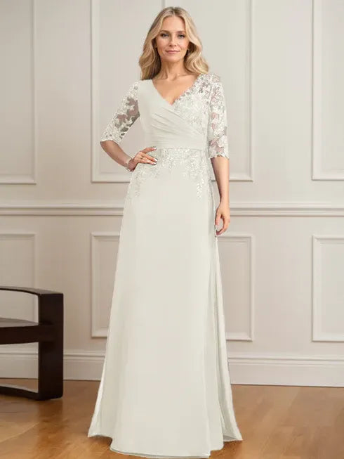 A-Linien V-Ausschnitt bodenlanges Spitzen-Chiffon Kleid der Brautmutter mit plissierten Pailletten