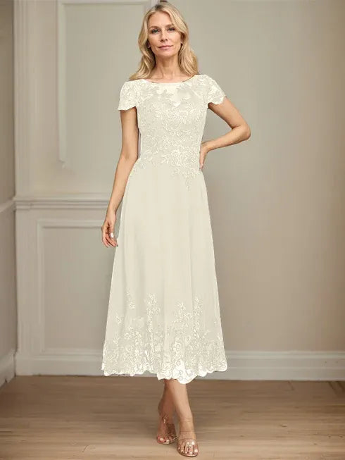 A-Linien Illusions Rundhals tea-langes Spitzenchiffon Mutter der Braut Kleid mit Pailletten
