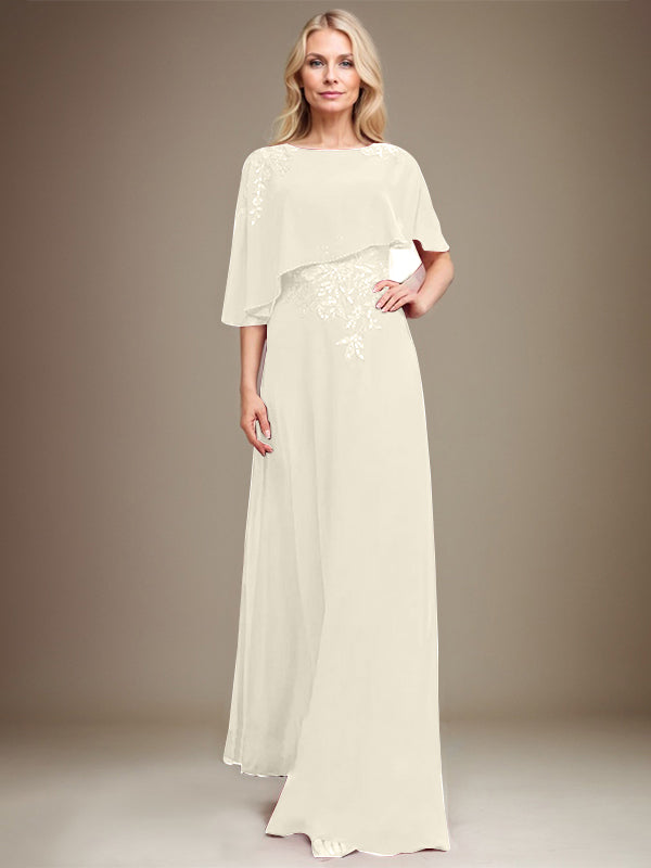 A-Linie Rundhals Bodenlanges Chiffon-Spitzenkleid für die Brautmutter mit Pailletten und Perlen