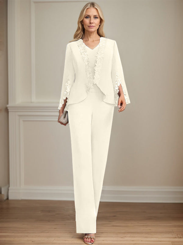 Zweiteiler Jumpsuit/Hosenanzug V-Ausschnitt bodenlanges Chiffon Mutter der Braut Kleid