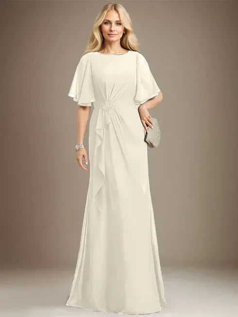 A-Linien Rundhals bodenlanges Chiffon Mutter der Braut Kleid mit kaskadierenden Rüschen Perlen Pailletten