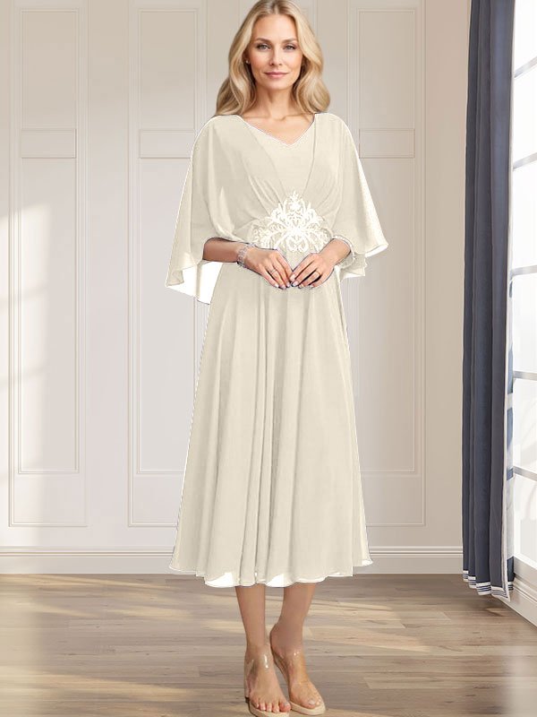 Robe de mère de la mariée en mousseline, longueur thé, col en V, en ligne A, avec appliques plissées, sequins, dentelle et perles