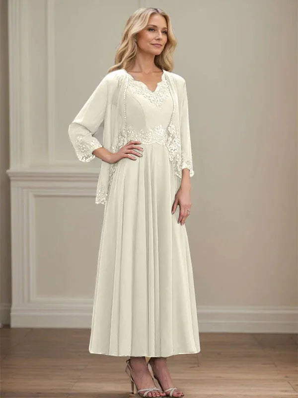 A-Linien Kleid mit V-Ausschnitt, knöchellang, aus Chiffon, Mutter der Braut Kleid mit Pailletten, Applikationen, Spitze und Perlenbesatz