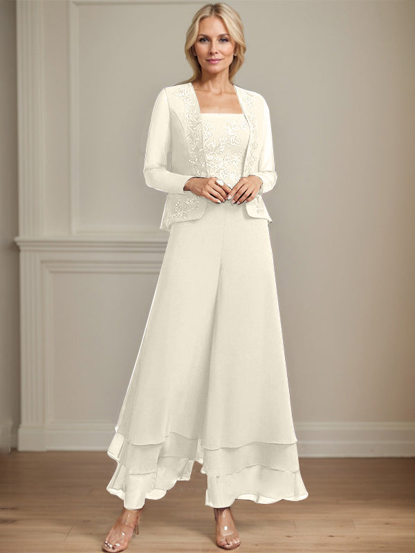 Zweiteiler Jumpsuit/Hosenanzug quadratisch knöchellang Spitze Chiffon Brautmutterkleid mit Pailletten