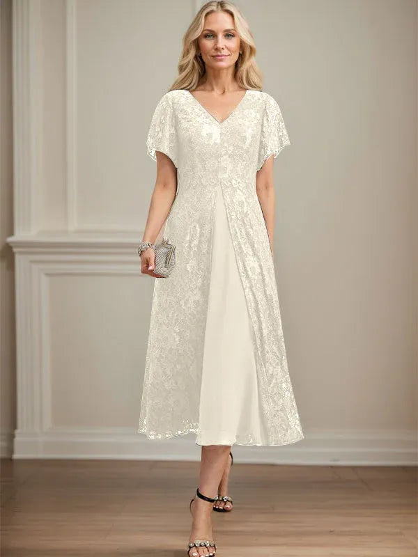 Robe mère de la mariée ligne A en dentelle et mousseline à col en V longueur thé