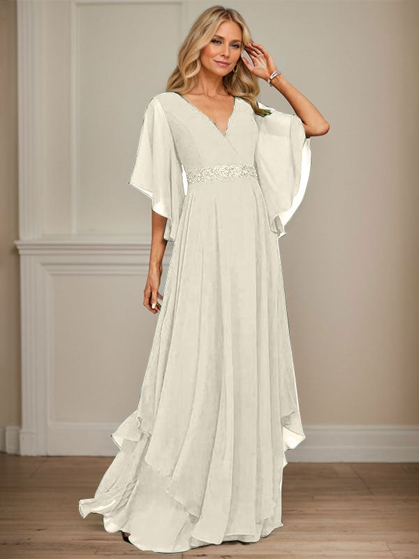 A-Linien V-Ausschnitt bodenlanges Chiffon-Mutter-der-Braut-Kleid mit Pailletten-Applikationen, Spitze und Perlen